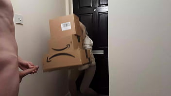 Amateur guy gets assisted by an Amazon delivery woman in a wild handjob session