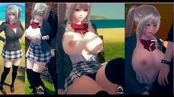 A cheerful AI character and a blonde woman with large breasts engage in an erotic video (with etch) in a realistic 3D game (hentai game)